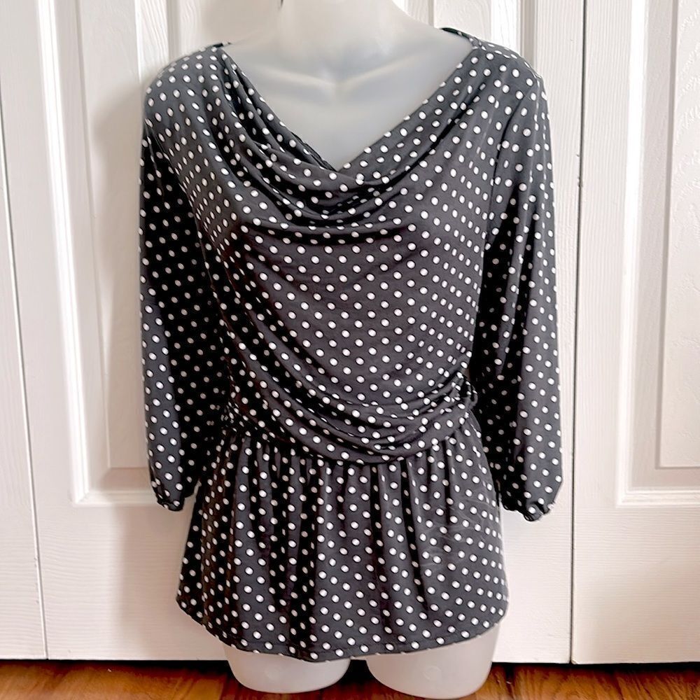 Robert Louis Gray Polka Dot Cinch Waist Silky Blouse Medium M - Picture 2 of 6
